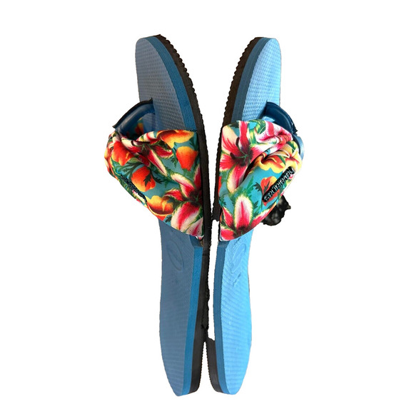 Havaianas Flip Flops Sandals Women's 9/10W EU 41 42 Blue Fabric Tropical - Picture 2 of 9